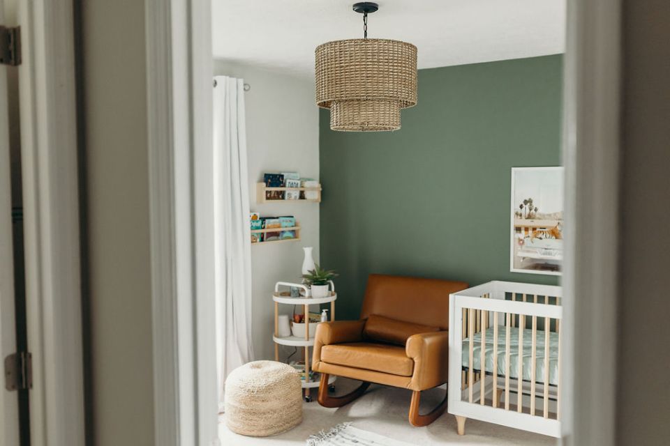 Boho-Chic-Green-Baby-Boy-Nursery-Elizabeth-McCravy-4 Baby boy nursery with green accent wall, gender neutral nursery