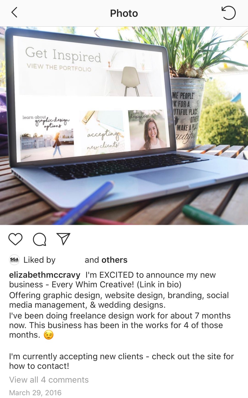 Business Announcement Post Instagram post announcing Elizabeth McCravy's business launch.