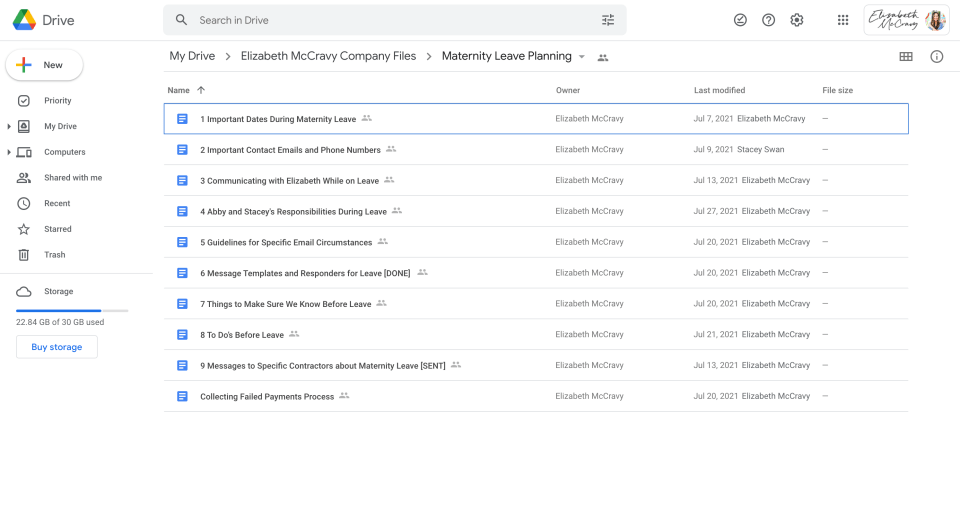 Maternity Leave Folder Drive folder for maternity leave